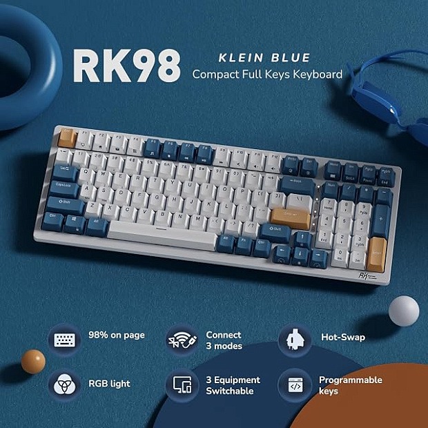 Клавиатура Royal Kludge RK98 Klein blue (USB/2.4 GHz/Bluetoth, RGB, Hot Swap, Brown switch) Китай